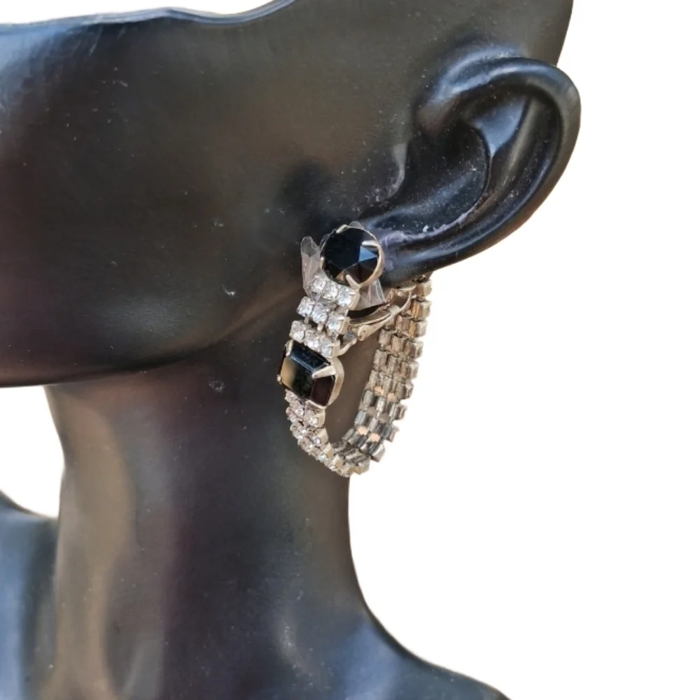 Vintage 50s Black And White Rhinestone Wrap Around Clip Earrings